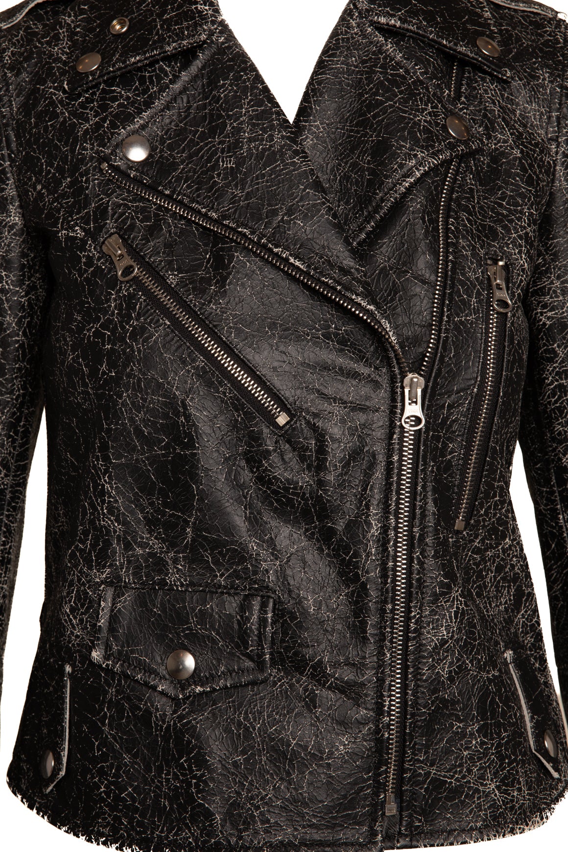 MM6 Black Crinkle Distressed Leather Biker Jacket (Sz. 40/4)